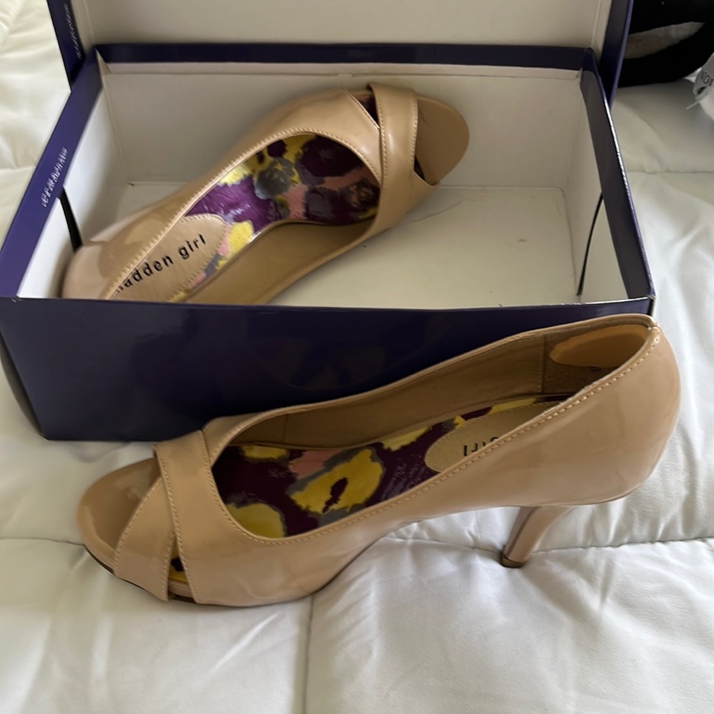 Madden Girl Patent Peep-Toe Heels in Nude Beige